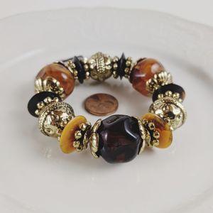 Vintage Lucite Orange Brwn Gold Stretch Bracelet
